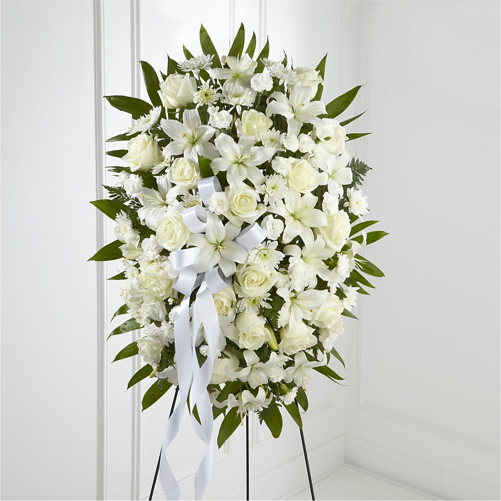 Exquisite Tribute Standing Spray-White Ribbon – Floral Expressions, Auburn IL