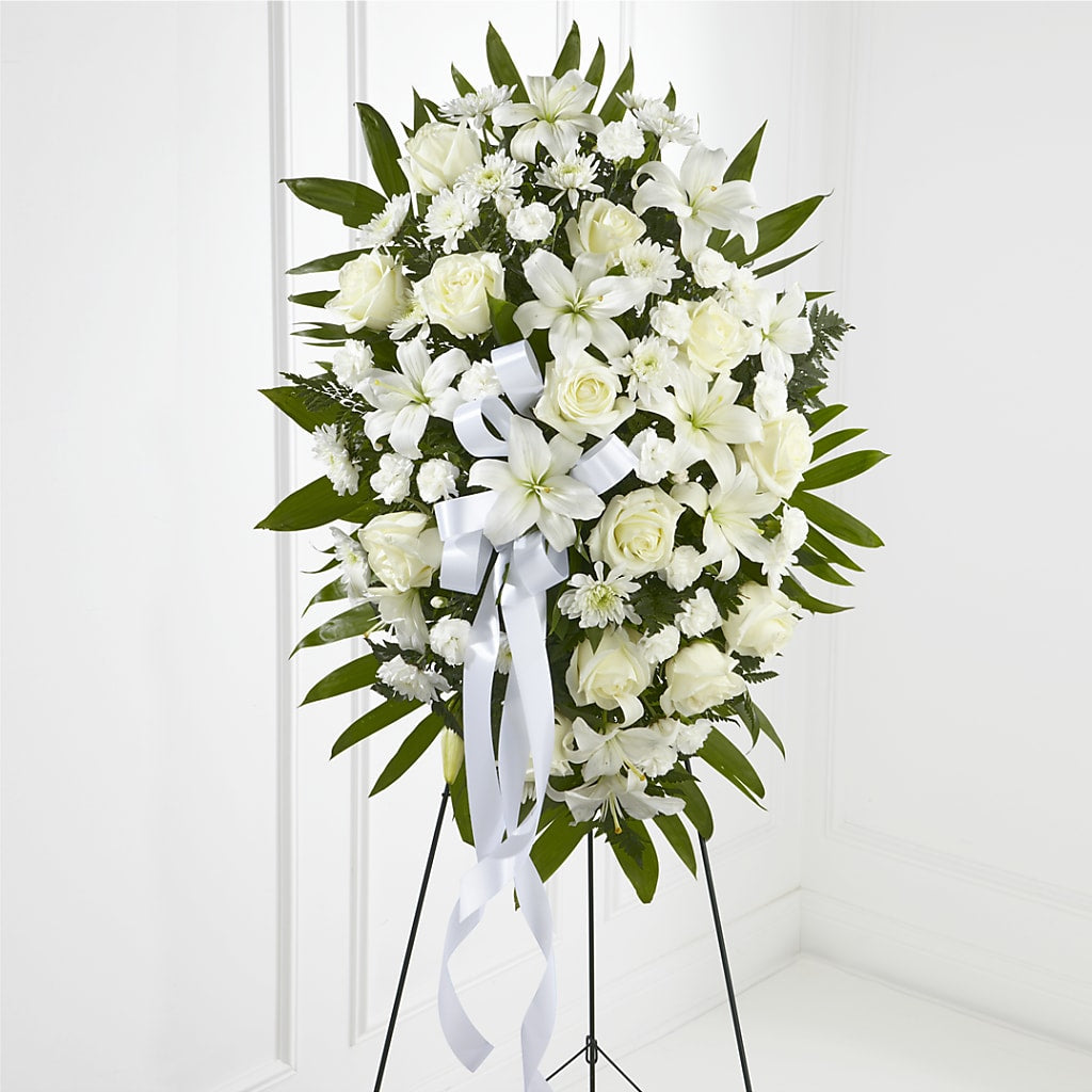 Exquisite Tribute Standing Spray-White Ribbon – Floral Expressions, Auburn IL